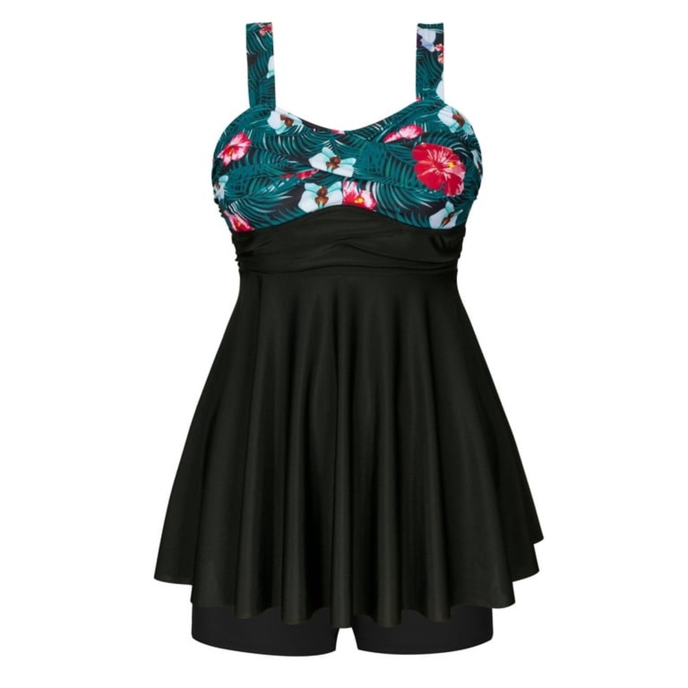 Chama Plus Size Flowy Swimdress Retro Printed Swimsuit Empire Waist Tankini - Picture 5 of 10